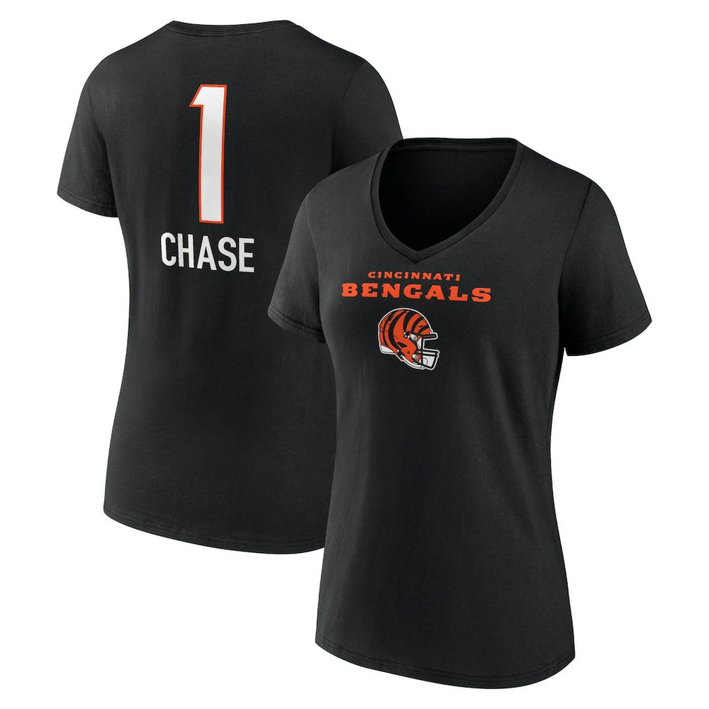 Ja'Marr Chase  Women's Team Wordmark Player Name & Number V-Neck T-Shirt - Cincinnati Bengals