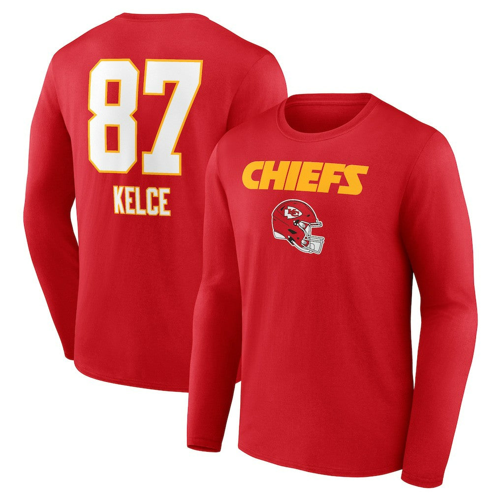 Travis Kelce  Team Wordmark Player Name & Number Long Sleeve T-Shirt - Kansas City Chiefs