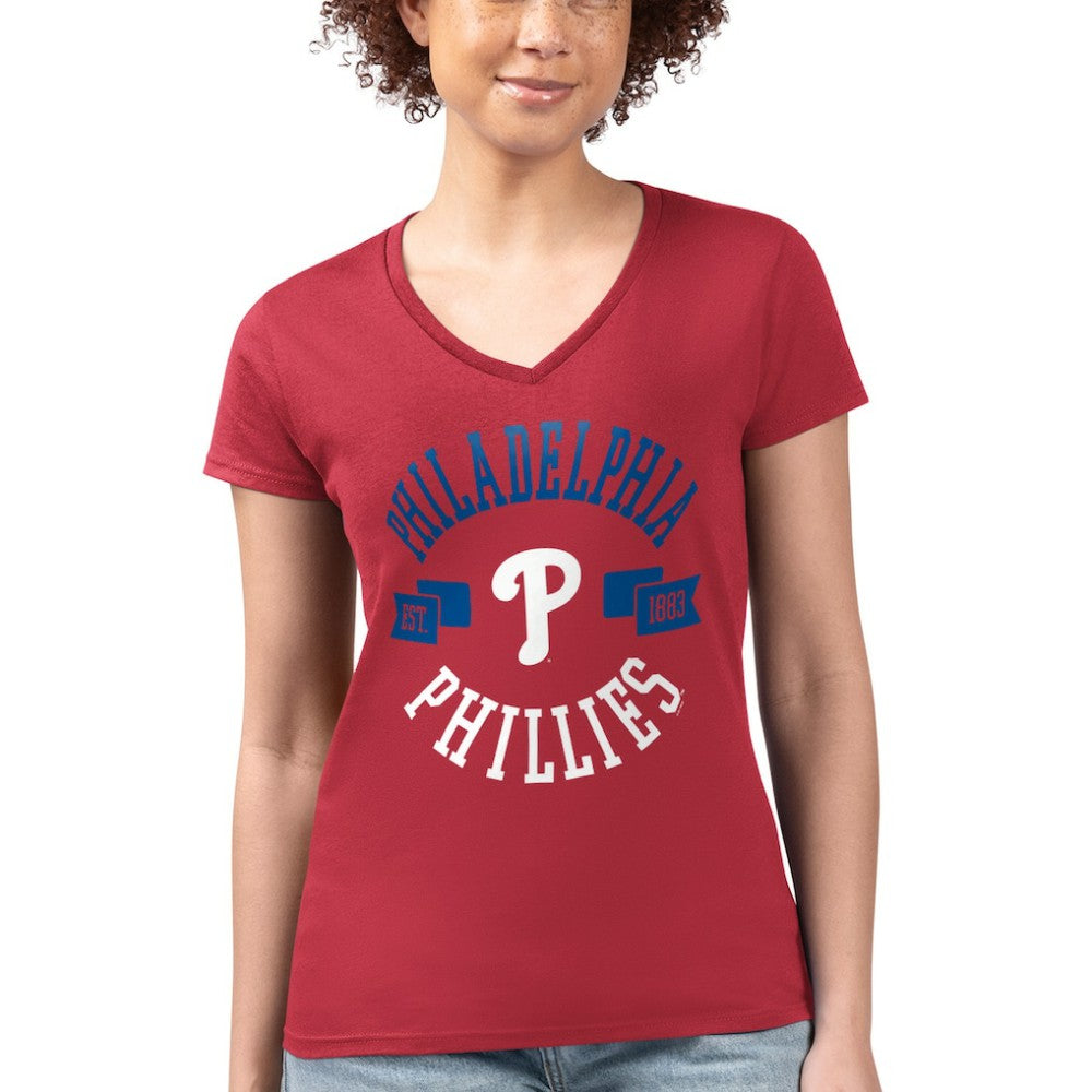 MLB Philadelphia Phillies G-III 4Her by Carl Banks Women's Super-Slim Fit Lightweight City Graphic V-Neck T-Shirt