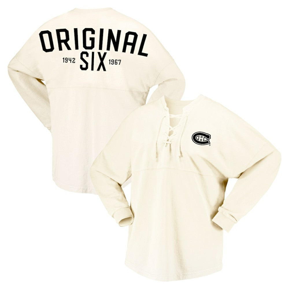NHL Cream Montreal Canadiens Fanatics Women's Original Six Lace-Up Spirit Jersey Long Sleeve T-Shirt