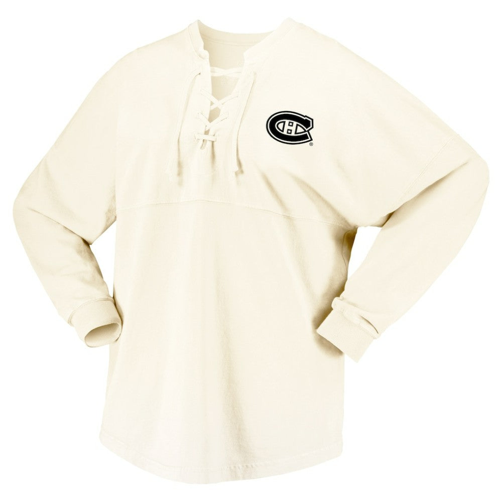 NHL Cream Montreal Canadiens Fanatics Women's Original Six Lace-Up Spirit Jersey Long Sleeve T-Shirt