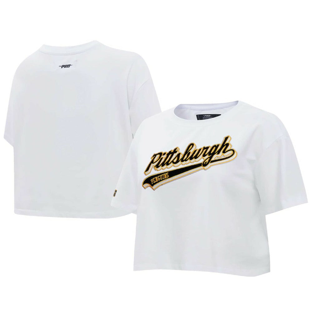 NHL White Pittsburgh Penguins Pro Standard Women's Boxy Script Tail Cropped T-Shirt