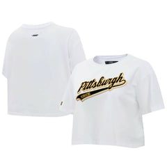 NHL White Pittsburgh Penguins Pro Standard Women's Boxy Script Tail Cropped T-Shirt