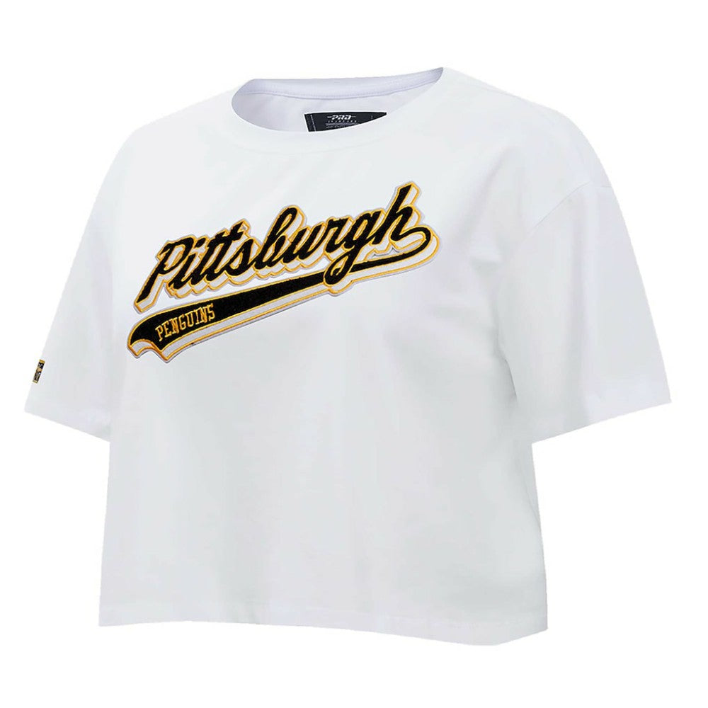 NHL White Pittsburgh Penguins Pro Standard Women's Boxy Script Tail Cropped T-Shirt