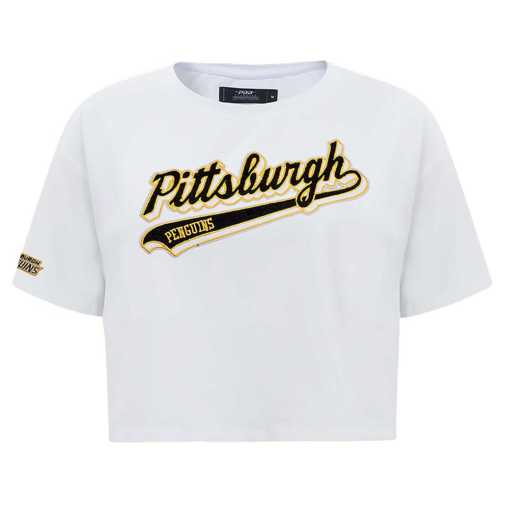 NHL White Pittsburgh Penguins Pro Standard Women's Boxy Script Tail Cropped T-Shirt