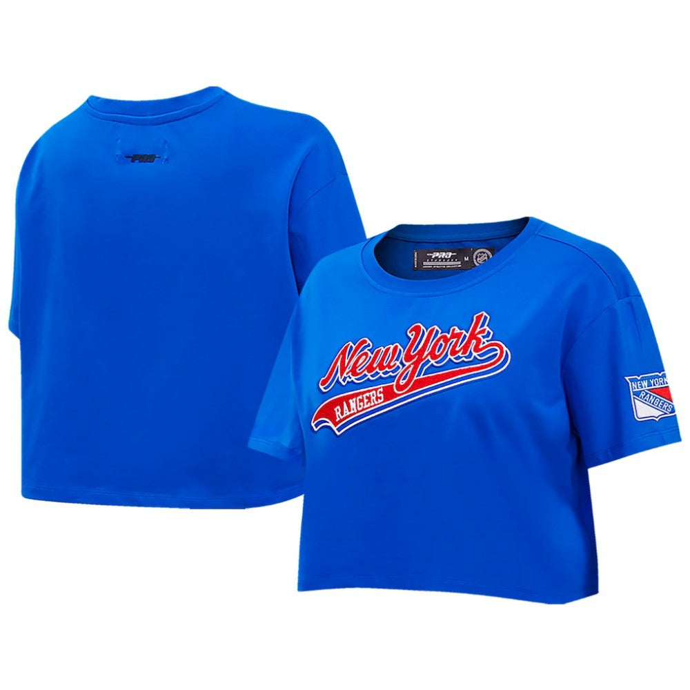 NHL Blue New York Rangers Pro Standard Women's Boxy Script Tail Cropped T-Shirt