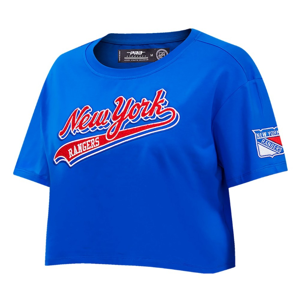 NHL Blue New York Rangers Pro Standard Women's Boxy Script Tail Cropped T-Shirt