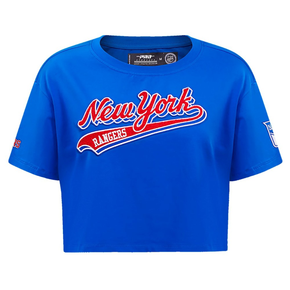 NHL Blue New York Rangers Pro Standard Women's Boxy Script Tail Cropped T-Shirt