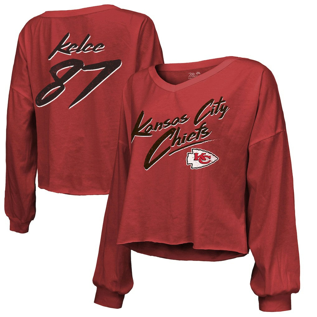 Travis Kelce  Majestic Threads Women's Name & Number Off-Shoulder Script Cropped Long Sleeve V-Neck T-Shirt - Kansas City Chiefs