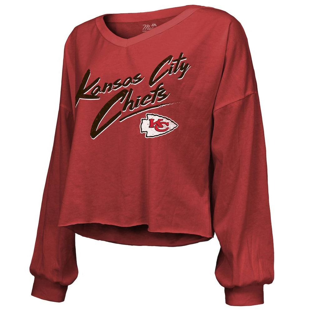 Travis Kelce  Majestic Threads Women's Name & Number Off-Shoulder Script Cropped Long Sleeve V-Neck T-Shirt - Kansas City Chiefs