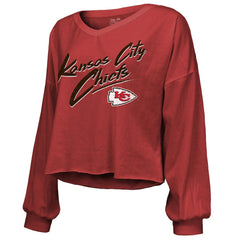 Travis Kelce  Majestic Threads Women's Name & Number Off-Shoulder Script Cropped Long Sleeve V-Neck T-Shirt - Kansas City Chiefs