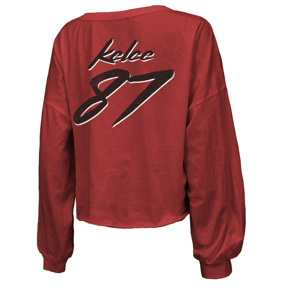 Travis Kelce  Majestic Threads Women's Name & Number Off-Shoulder Script Cropped Long Sleeve V-Neck T-Shirt - Kansas City Chiefs