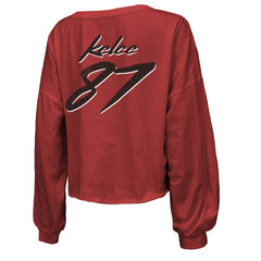 Travis Kelce  Majestic Threads Women's Name & Number Off-Shoulder Script Cropped Long Sleeve V-Neck T-Shirt - Kansas City Chiefs