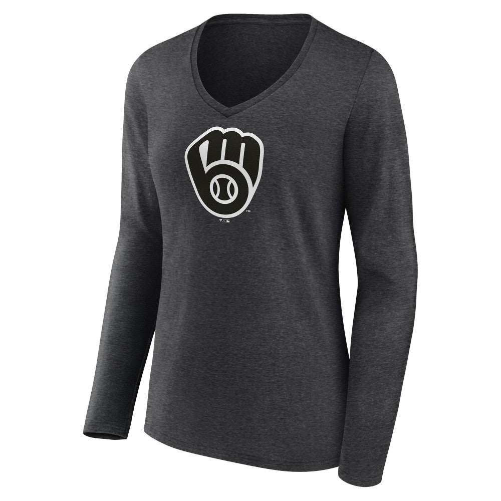 MLB Milwaukee Brewers Women's Personalized Monochrome Name & Number Long Sleeve V-Neck T-Shirt