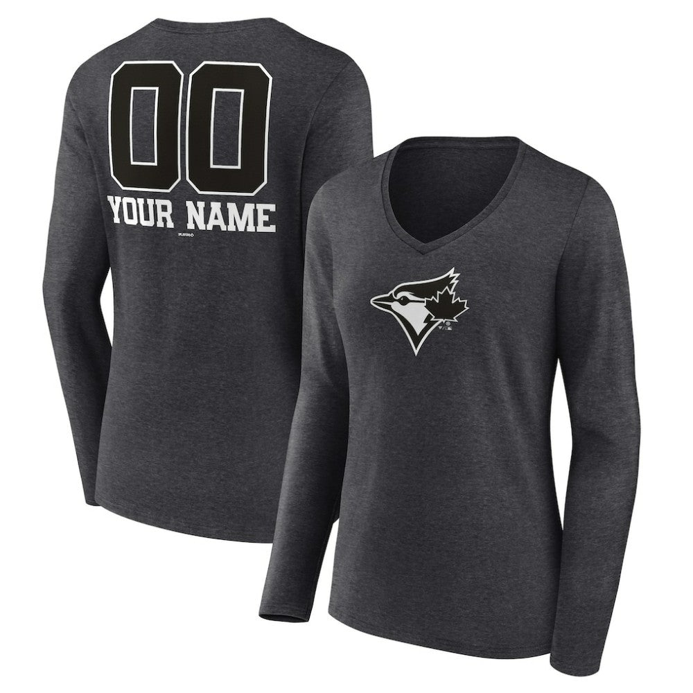 MLB Toronto Blue Jays Women's Personalized Monochrome Name & Number Long Sleeve V-Neck T-Shirt