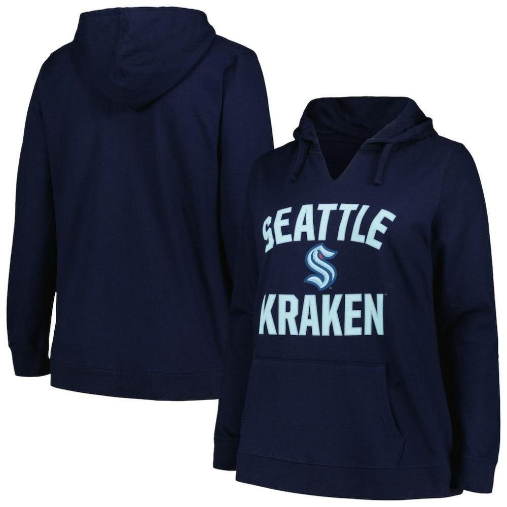 NHL Deep Sea Blue Seattle Kraken Profile Women's Plus Size Arch Over Logo Pullover Hoodie