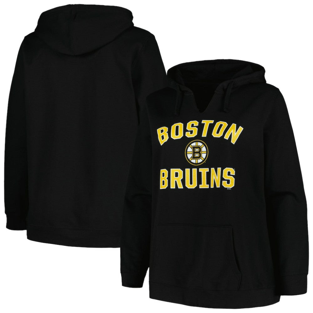 NHL Black Boston Bruins Profile Women's Plus Size Arch Over Logo Pullover Hoodie