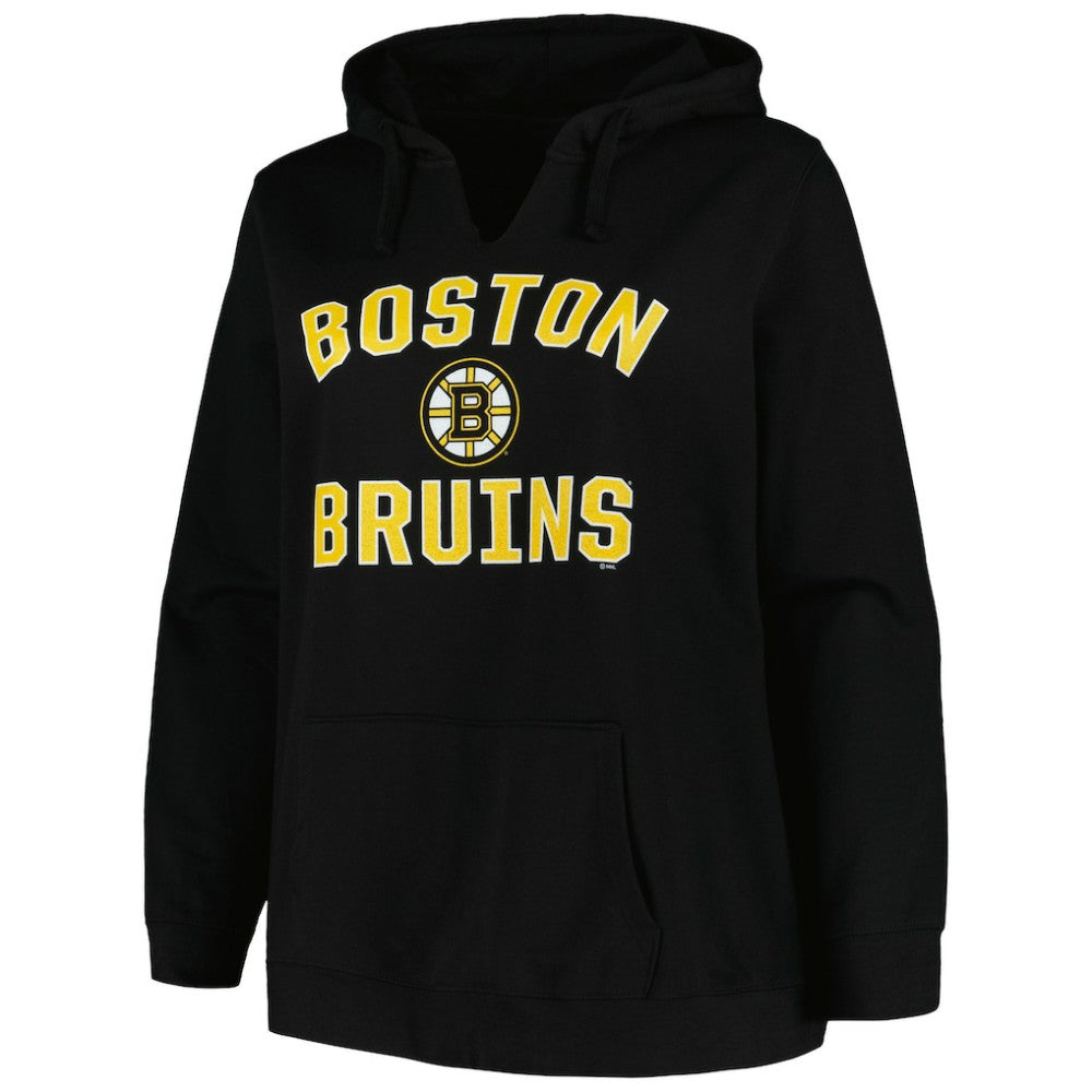 NHL Black Boston Bruins Profile Women's Plus Size Arch Over Logo Pullover Hoodie