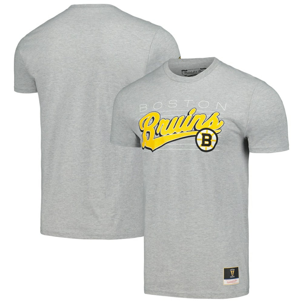 NHL Heather Gray Boston Bruins Mitchell & Ness 100th Anniversary Script Sweep T-Shirt