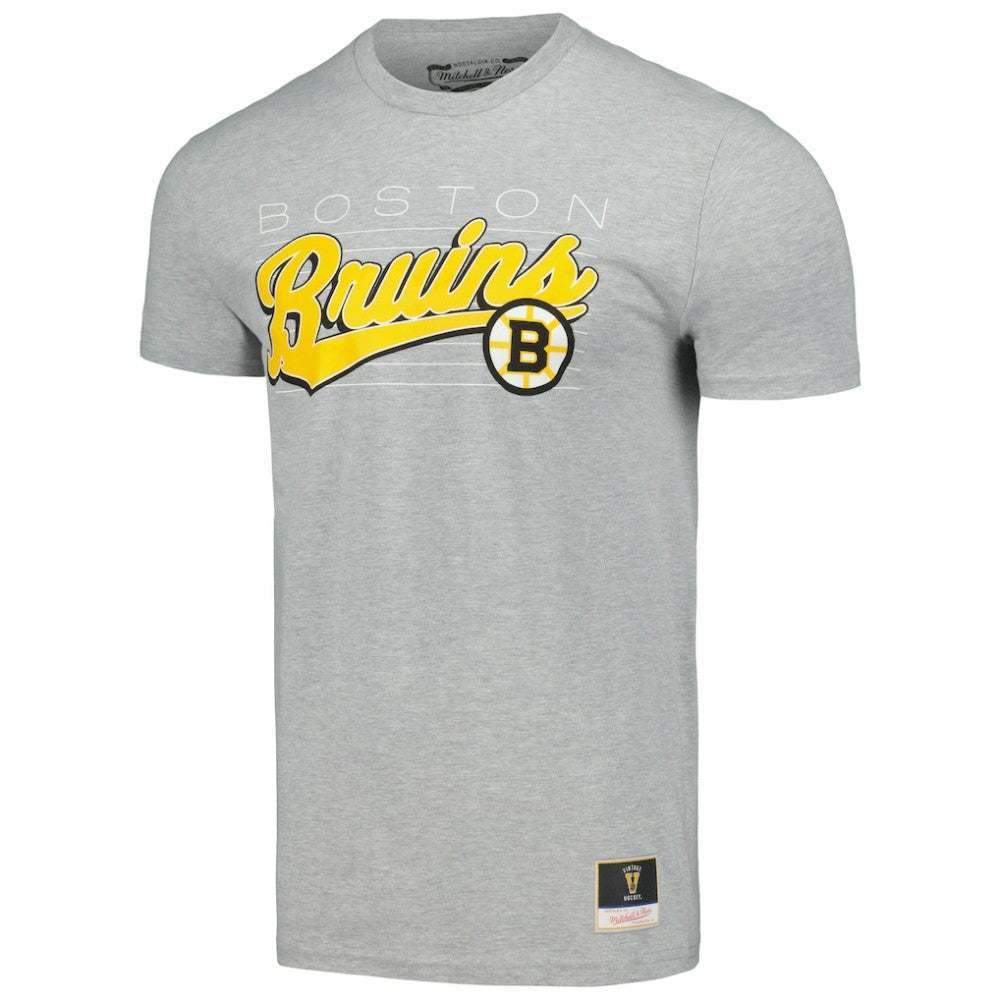 NHL Heather Gray Boston Bruins Mitchell & Ness 100th Anniversary Script Sweep T-Shirt