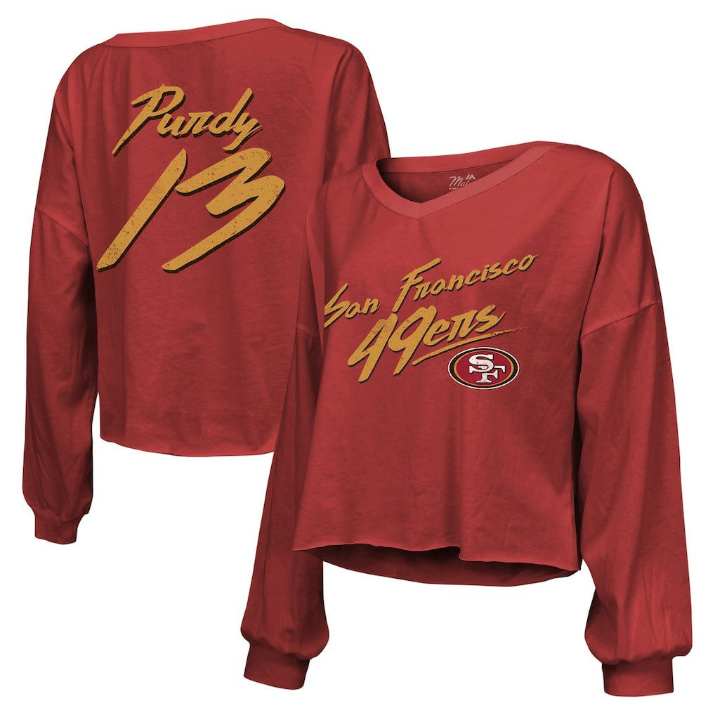 Brock Purdy  Majestic Threads Women's Name & Number Off-Shoulder Script Cropped Long Sleeve Relaxed V-Neck T-Shirt - San Francisco 49ers
