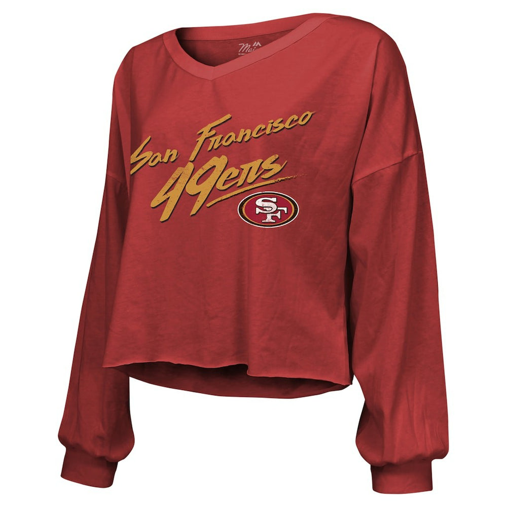 Brock Purdy  Majestic Threads Women's Name & Number Off-Shoulder Script Cropped Long Sleeve Relaxed V-Neck T-Shirt - San Francisco 49ers