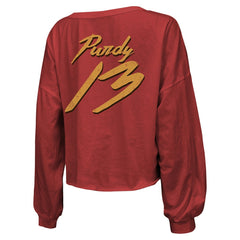 Brock Purdy  Majestic Threads Women's Name & Number Off-Shoulder Script Cropped Long Sleeve Relaxed V-Neck T-Shirt - San Francisco 49ers