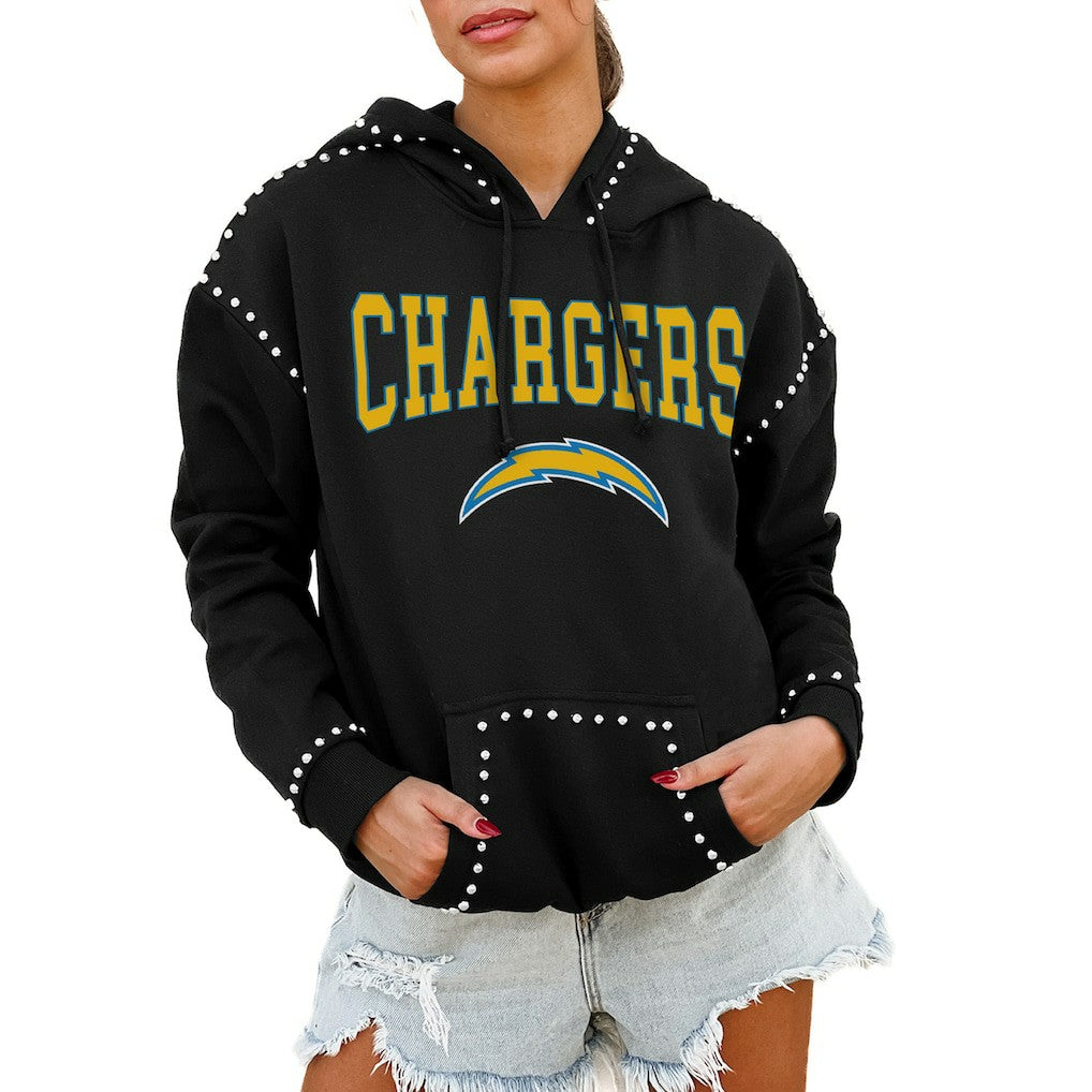 Gameday Couture Women's Oversized Catch the Vibe Studded Pullover Hoodie - Los Angeles Chargers