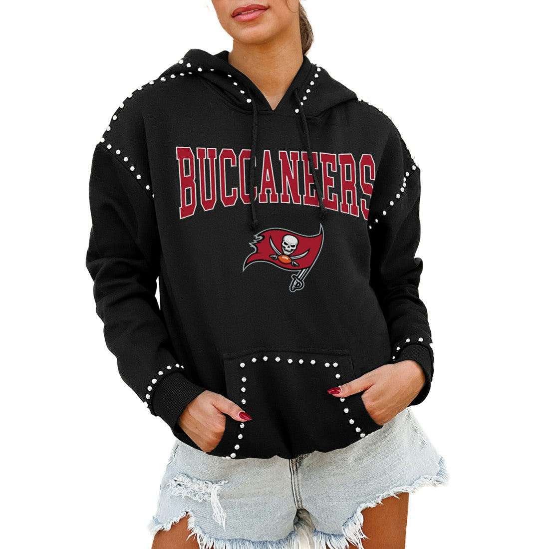 Gameday Couture Women's Oversized Catch the Vibe Studded Pullover Hoodie - Tampa Bay Buccaneers