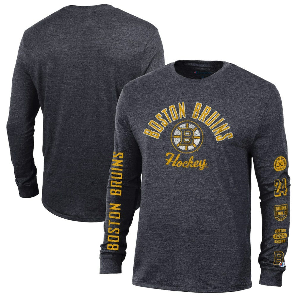NHL Heather Black Boston Bruins Champion Multi-Logo Tri-Blend Long Sleeve T-Shirt