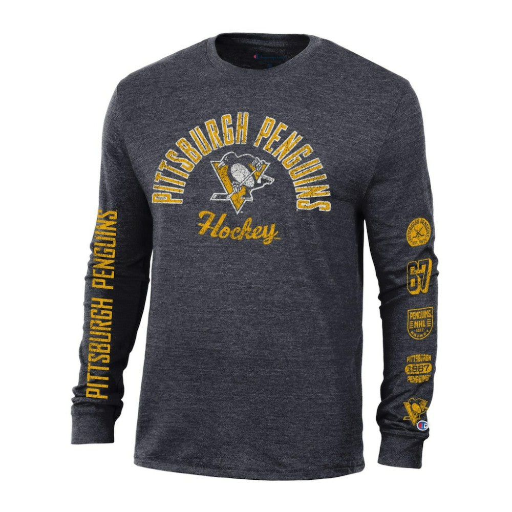 NHL Heather Black Pittsburgh Penguins Champion Multi-Logo Tri-Blend Long Sleeve T-Shirt
