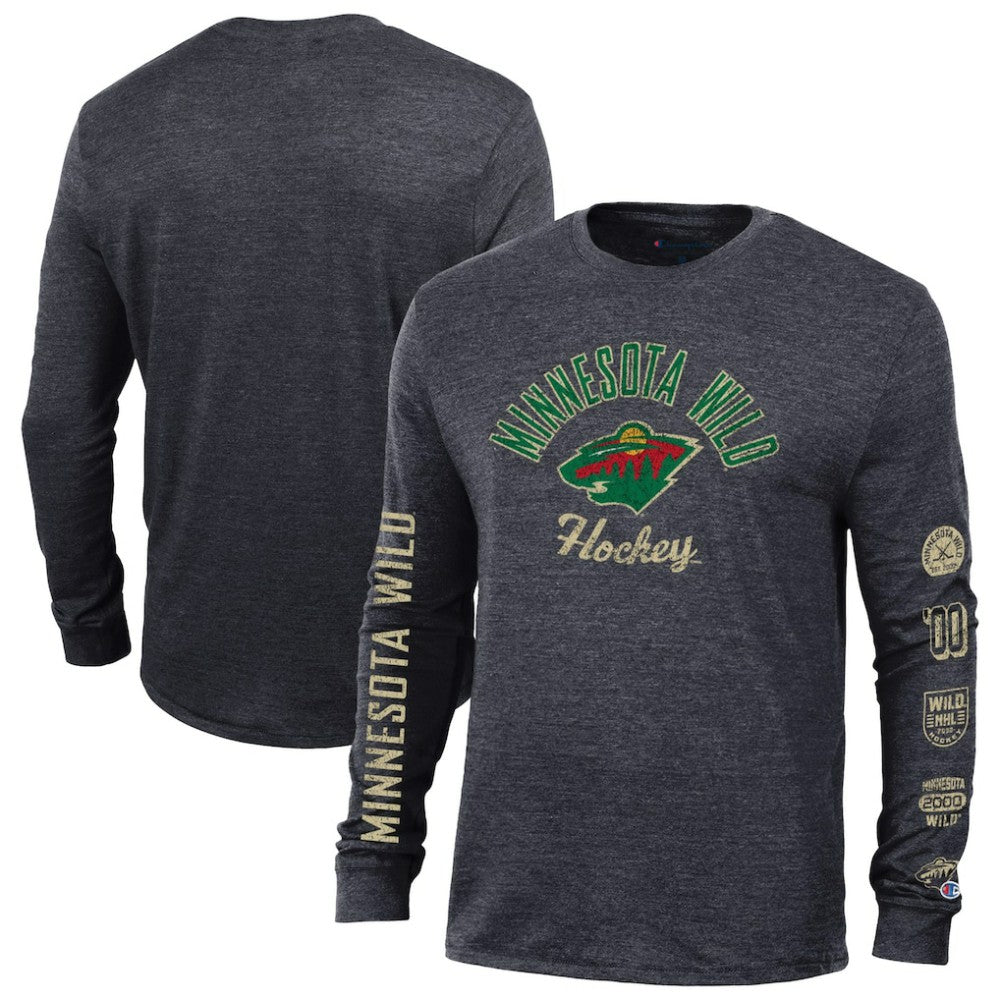 NHL Heather Black Minnesota Wild Champion Multi-Logo Tri-Blend Long Sleeve T-Shirt