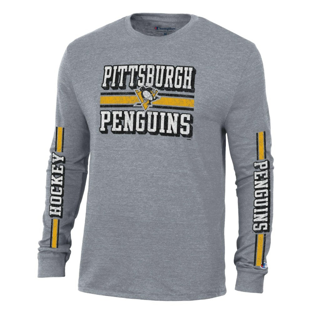 NHL Heather Gray Pittsburgh Penguins Champion Tri-Blend Dual-Stripe Long Sleeve T-Shirt