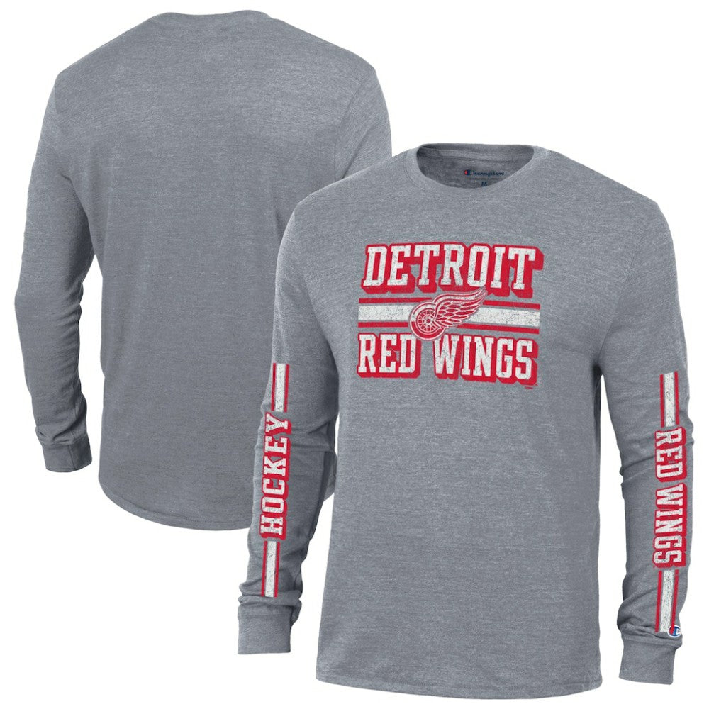 NHL Heather Gray Detroit Red Wings Champion Tri-Blend Dual-Stripe Long Sleeve T-Shirt