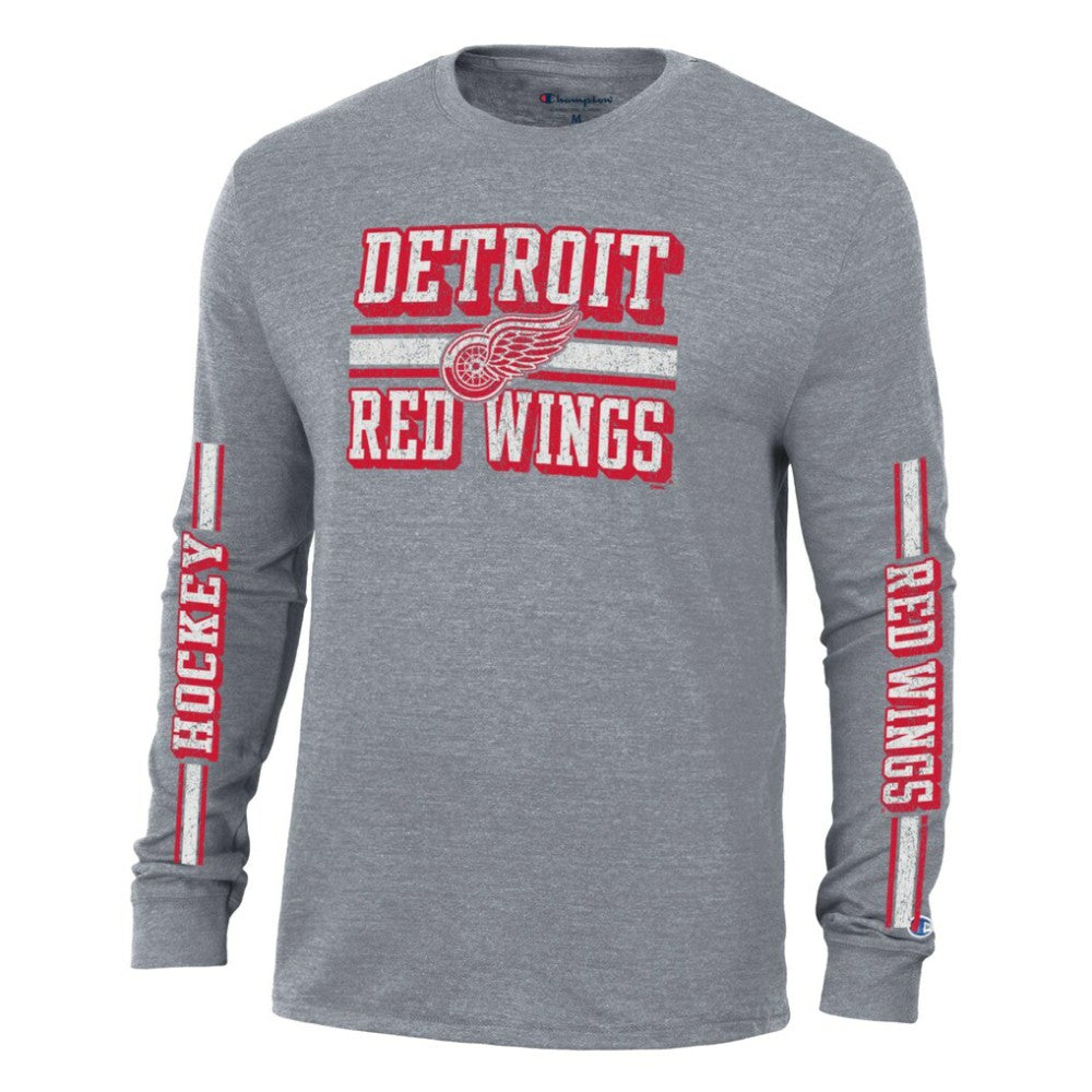 NHL Heather Gray Detroit Red Wings Champion Tri-Blend Dual-Stripe Long Sleeve T-Shirt