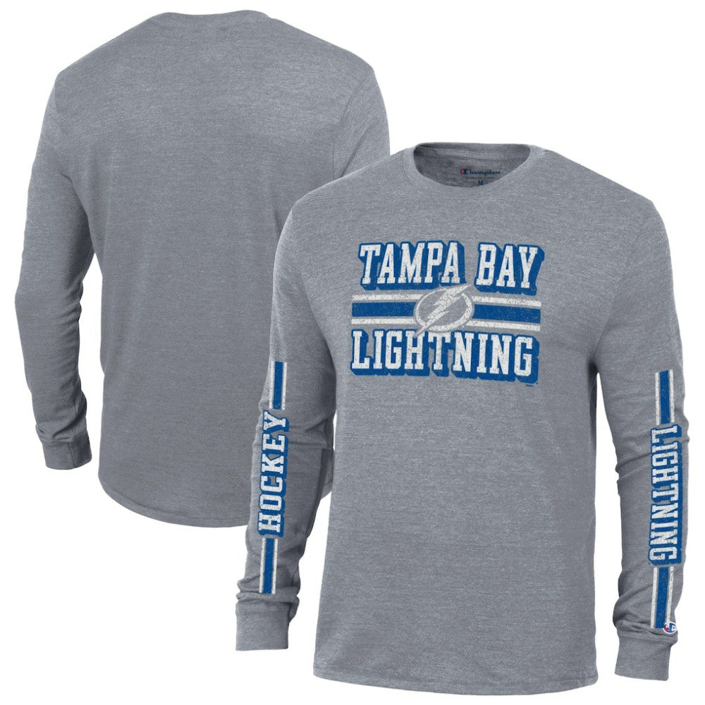 NHL Heather Gray Tampa Bay Lightning Champion Tri-Blend Dual-Stripe Long Sleeve T-Shirt