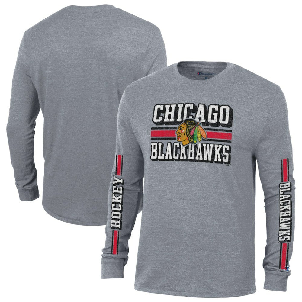 NHL Heather Gray Chicago Blackhawks Champion Tri-Blend Dual-Stripe Long Sleeve T-Shirt