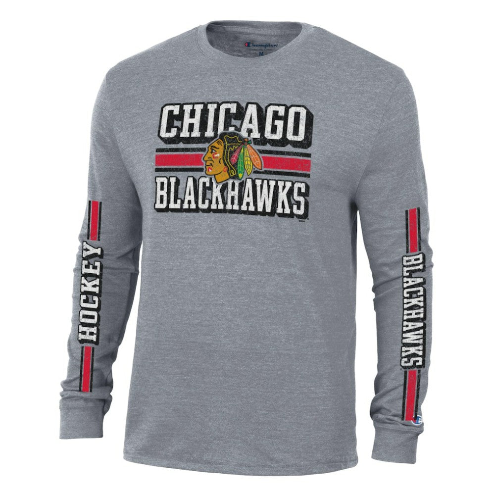 NHL Heather Gray Chicago Blackhawks Champion Tri-Blend Dual-Stripe Long Sleeve T-Shirt