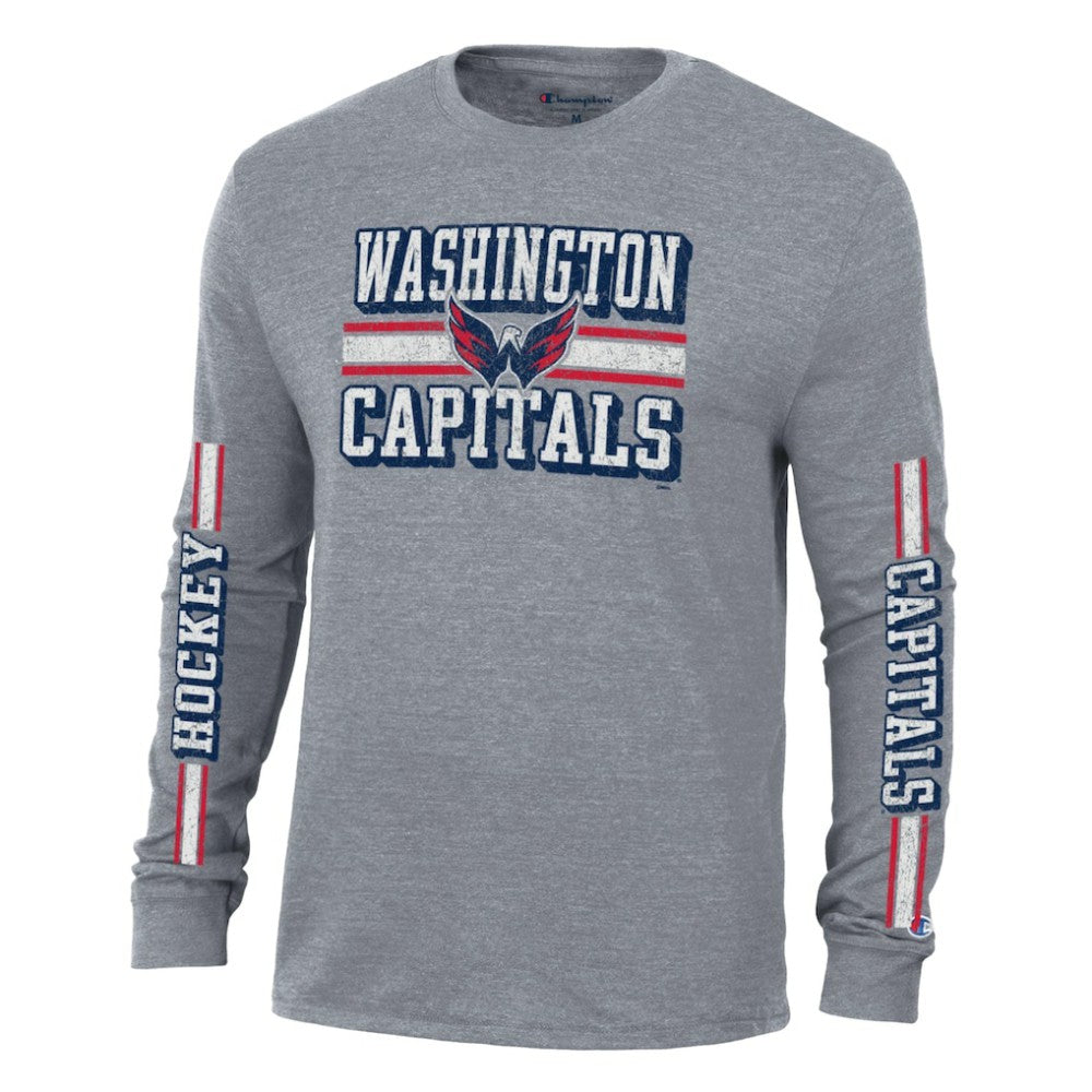 NHL Heather Gray Washington Capitals Champion Tri-Blend Dual-Stripe Long Sleeve T-Shirt