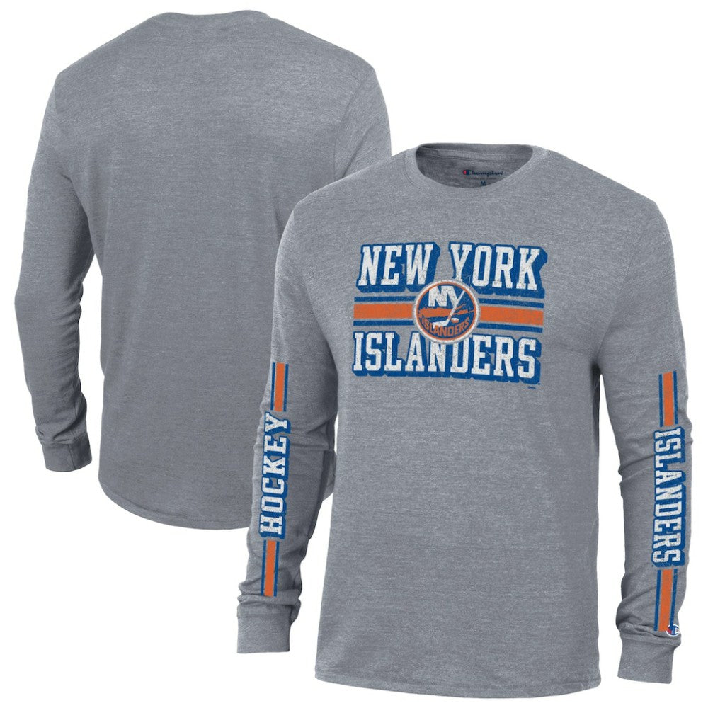 NHL Heather Gray New York Islanders Champion Tri-Blend Dual-Stripe Long Sleeve T-Shirt
