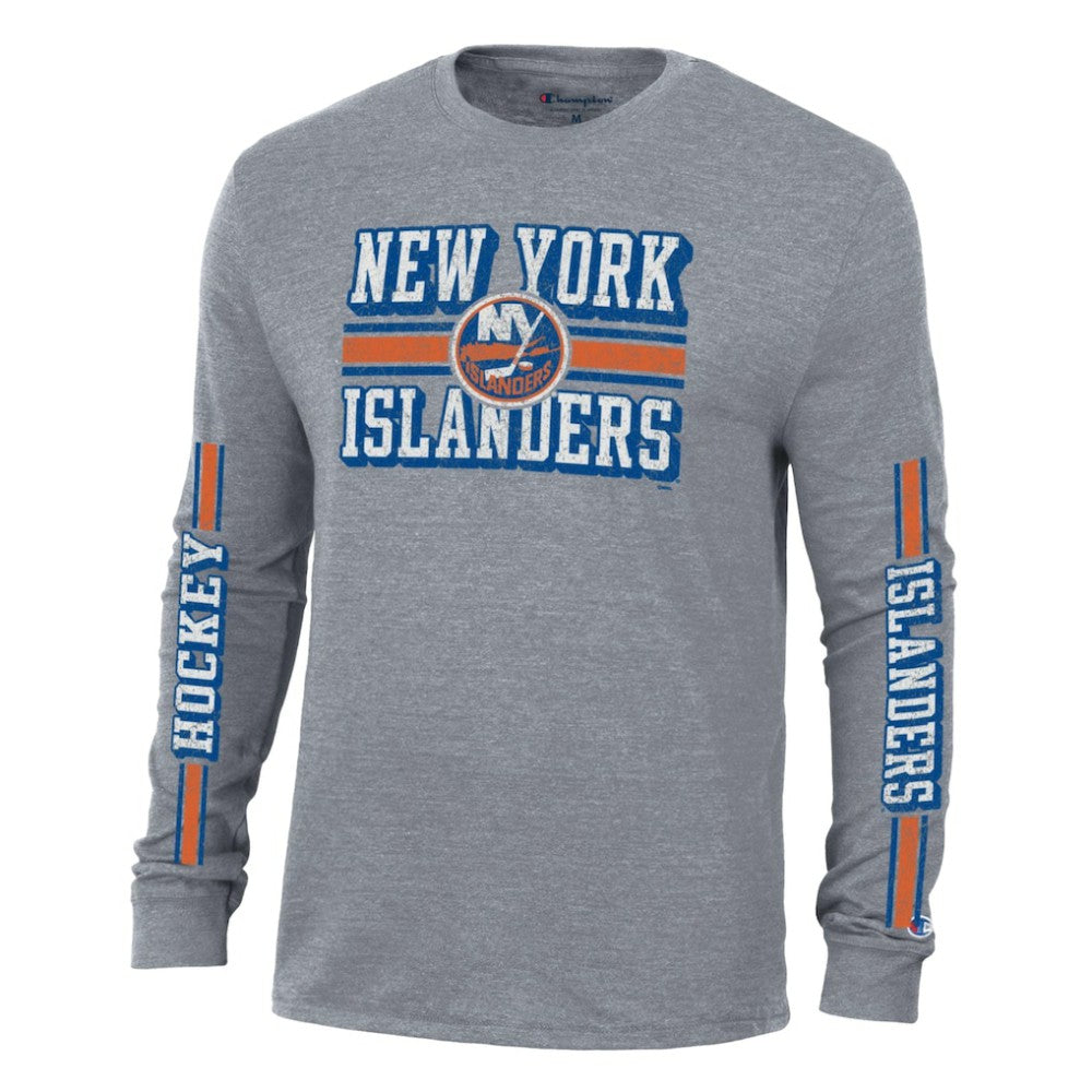 NHL Heather Gray New York Islanders Champion Tri-Blend Dual-Stripe Long Sleeve T-Shirt
