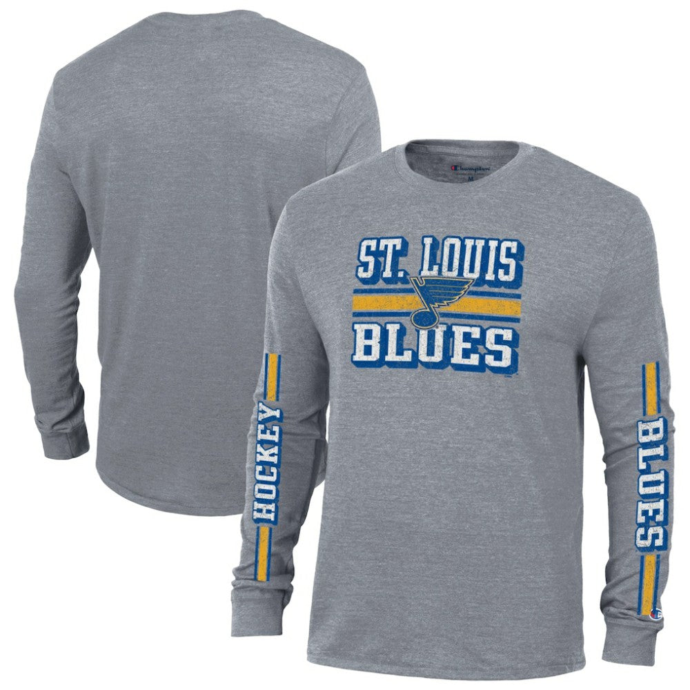 NHL Heather Gray St. Louis Blues Champion Tri-Blend Dual-Stripe Long Sleeve T-Shirt