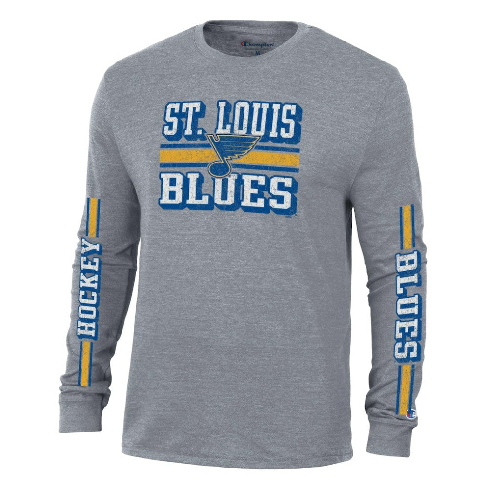 NHL Heather Gray St. Louis Blues Champion Tri-Blend Dual-Stripe Long Sleeve T-Shirt