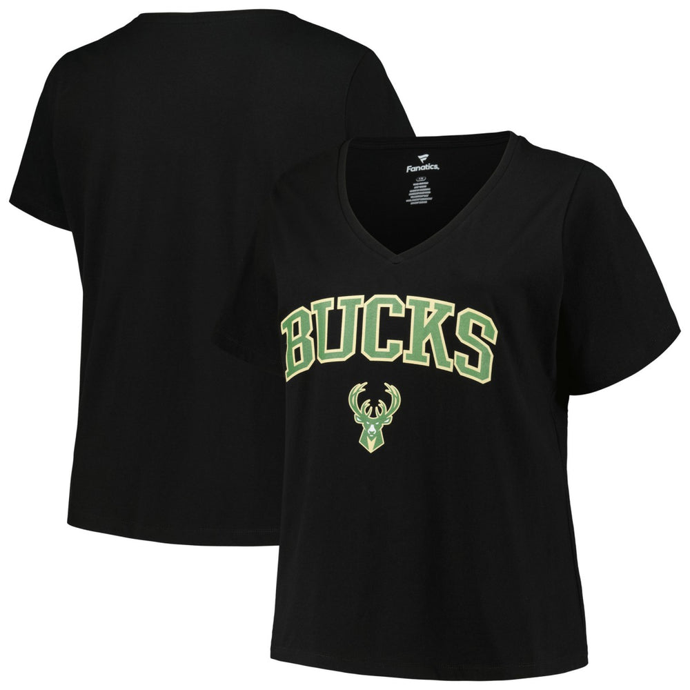 NBA Milwaukee Bucks Profile Women's Plus Size Arch Over Logo V-Neck T-Shirt