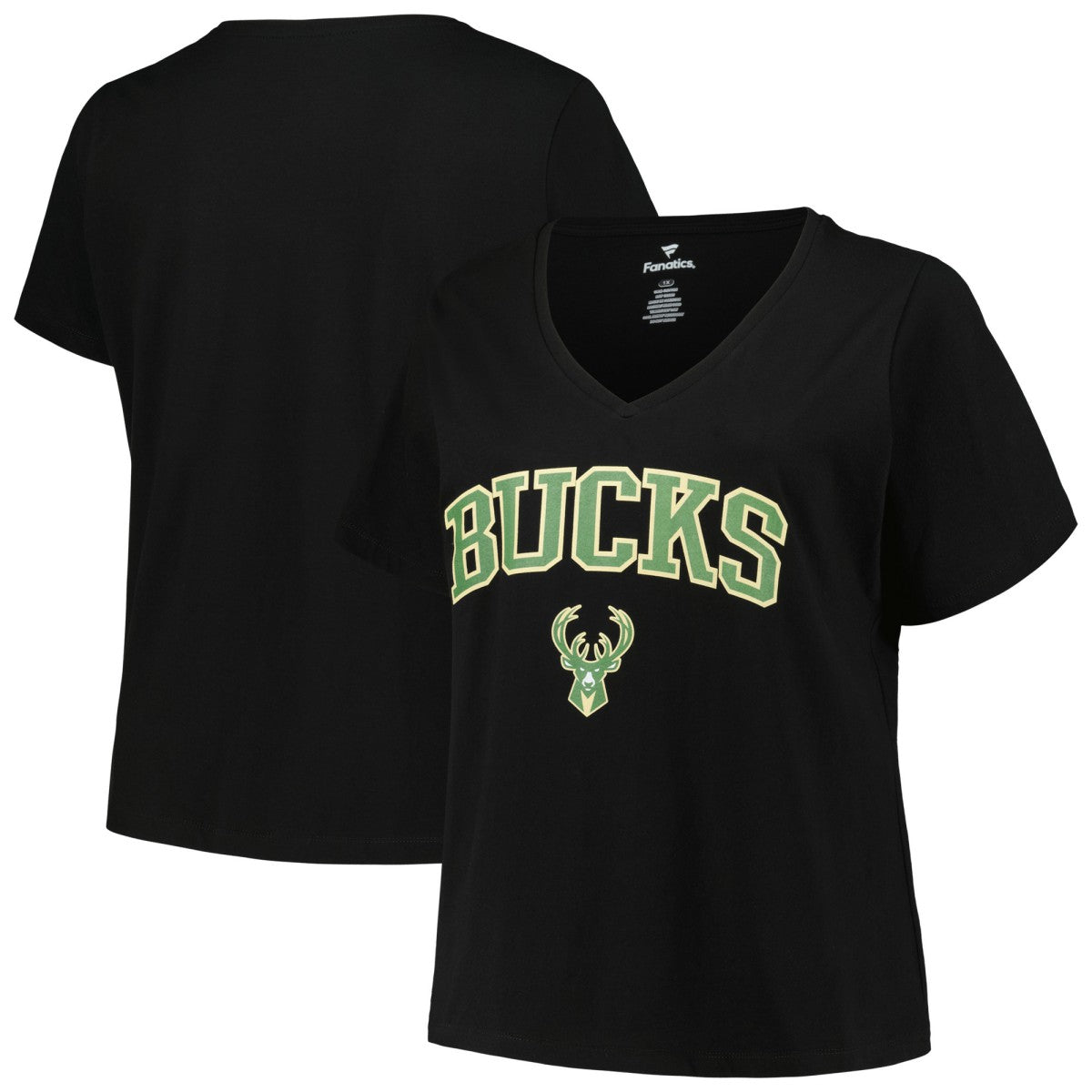 NBA Milwaukee Bucks Profile Women's Plus Size Arch Over Logo V-Neck T-Shirt