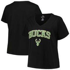NBA Milwaukee Bucks Profile Women's Plus Size Arch Over Logo V-Neck T-Shirt