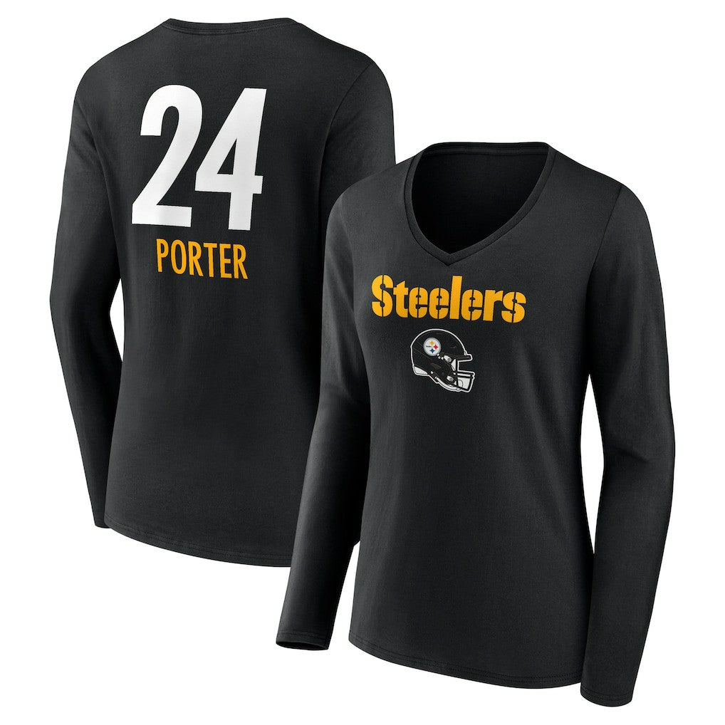 Joey Porter Jr.  Women's Team Wordmark Player Name & Number Long Sleeve V-Neck T-Shirt - Pittsburgh Steelers