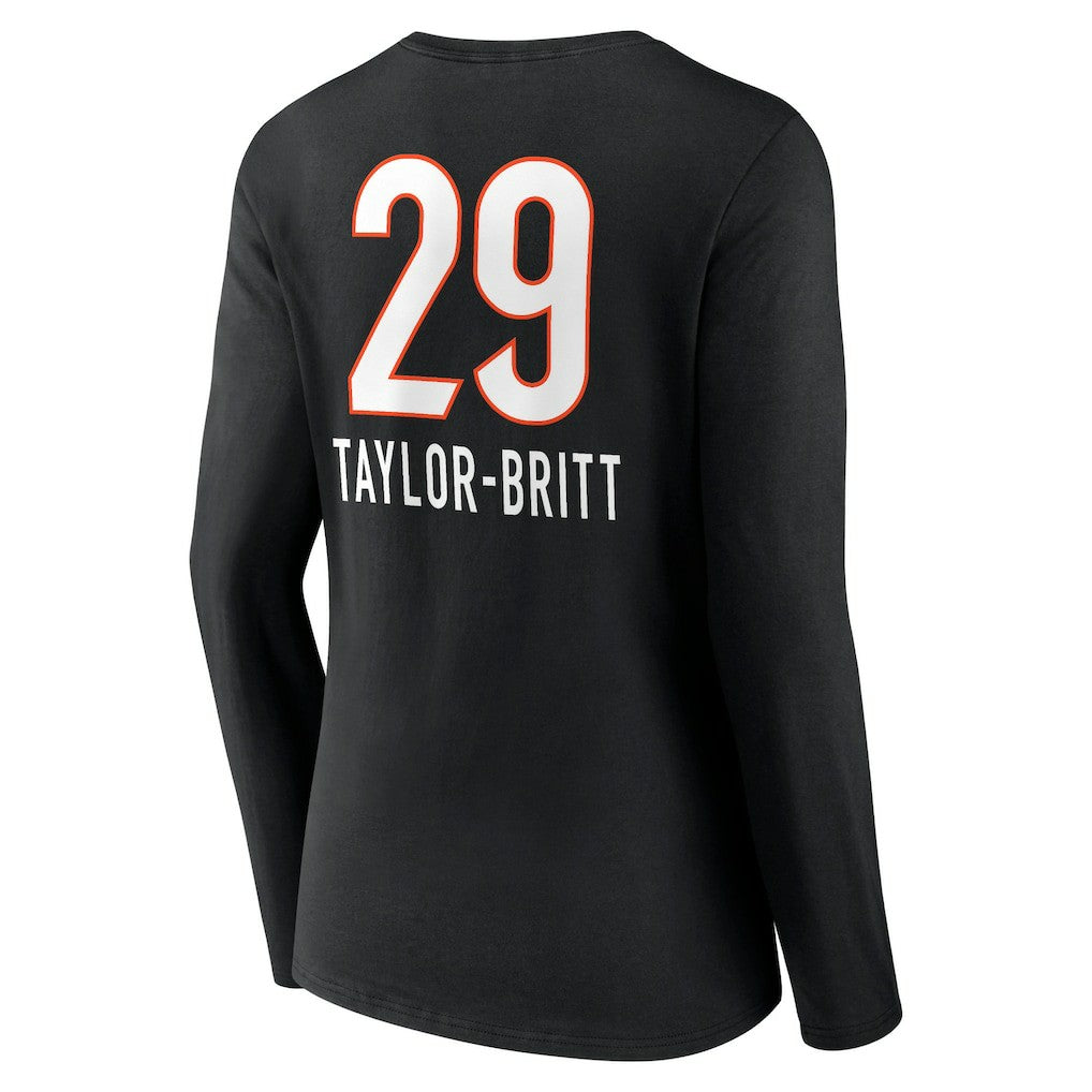 Cam Taylor-Britt  Women's Team Wordmark Player Name & Number Long Sleeve V-Neck T-Shirt - Cincinnati Bengals