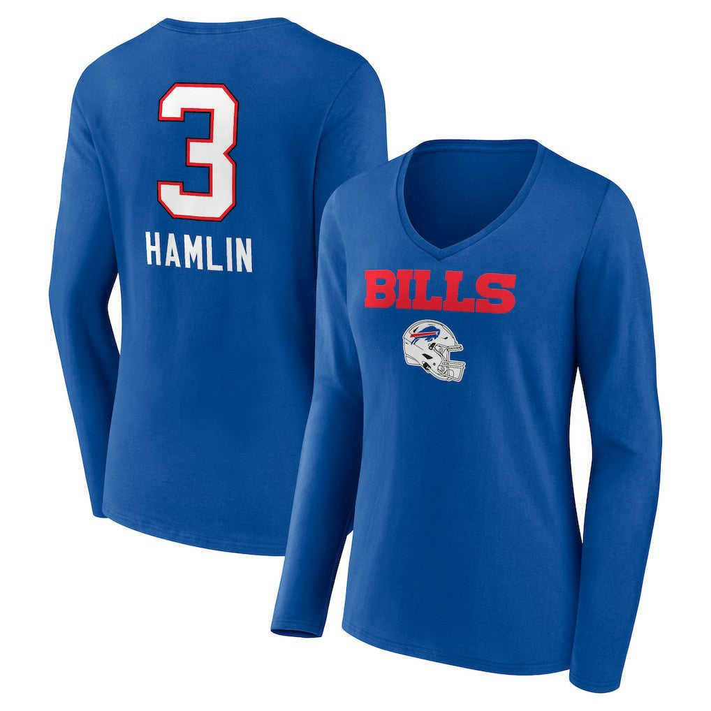 Damar Hamlin  Women's Team Wordmark Player Name & Number Long Sleeve V-Neck T-Shirt - Buffalo Bills