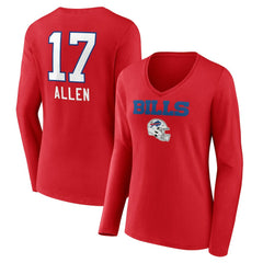 Josh Allen  Women's Team Wordmark Player Name & Number Long Sleeve V-Neck T-Shirt - Buffalo Bills